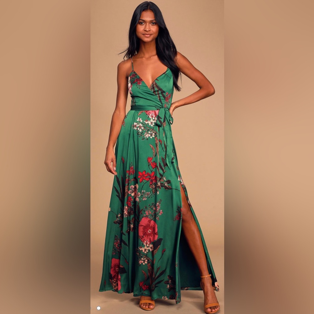 Lulus - Still the One Emerald Green Floral Print Satin Maxi Dress - Pretty new!